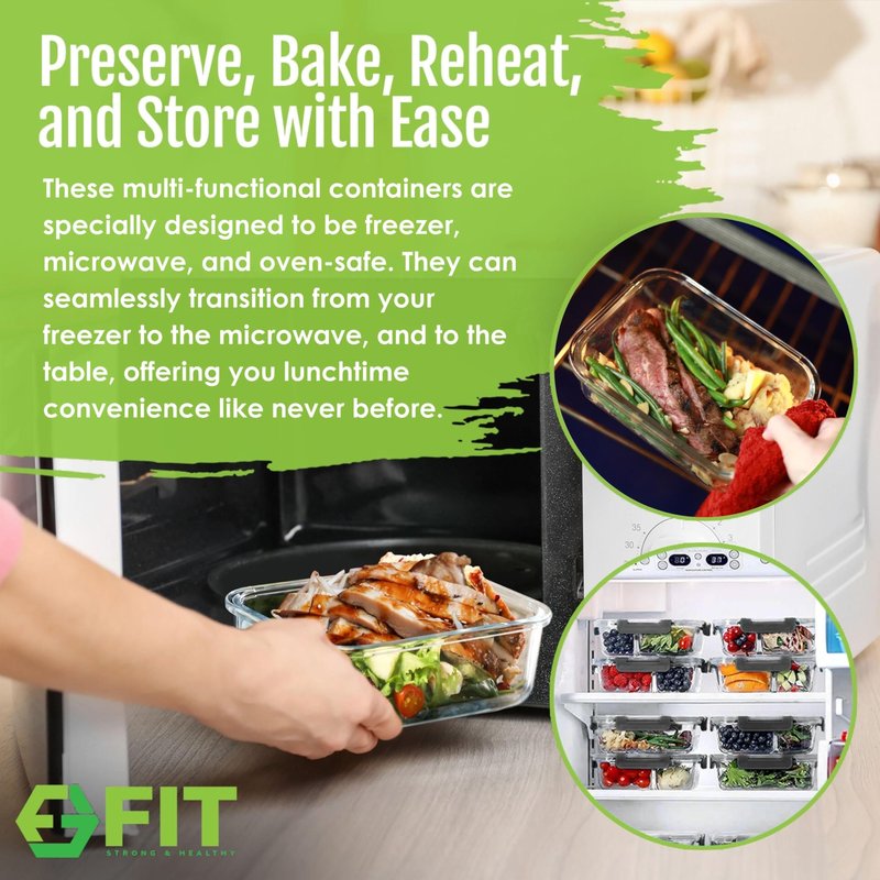 FIT Strong & Healthy Glass Meal Prep Containers, 2 & 3 Compartments – 32 oz Glass Containers with Lids, Food Storage with Black Lids, Oven & Freezer Safe, Leak-Proof Bento Box Adult, 4 Pack
