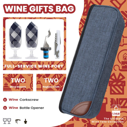 ALLCAMP Wine Bag - Insulated Cooler Bag with Wine Glasses, Bottle Opener & Wine Accessories for Wine Lovers - Portable Wine Gift Bag for Travel, Picnics, and Gift Ideas(Blue)