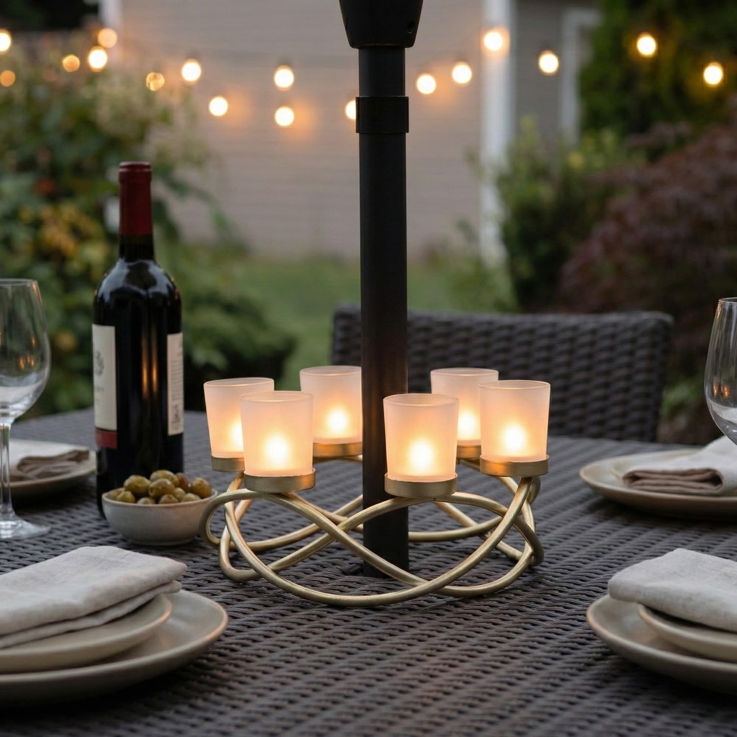 Seraphic Centerpieces for Table Decorations - Round Candle Holders for Outdoor Patio, Dining, Kitchen, Coffee & Wedding Table Decor, Gold Iron Candelabra, 6 Frosted Glass Votive Tealight Cups