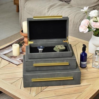 DECOR4SEASON Faux Shagreen Storage Boxes - Set of 3 Stackable Jewelry Organizers with Gold Handles & Velvet Lining, Modern Grey Design for Vanity & Entryway Decor