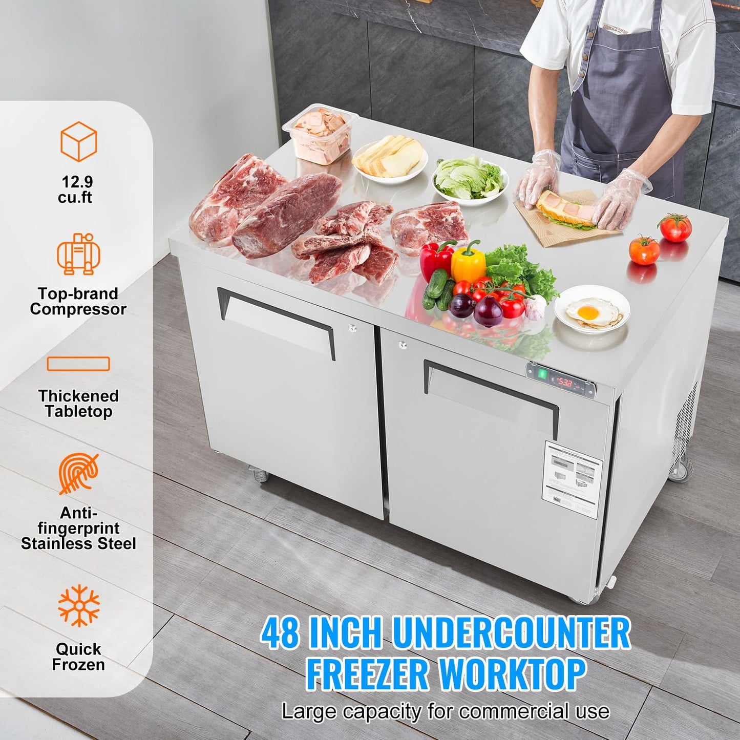 VEVOR 48" W Commercial Freezer Worktop, 12.9 Cu. Ft Undercounter Freezers with/Casters, <0~-8℉>Defrost Frozen Prep Table, 2 Doors Stainless Steel Food Frozen Prep Station for Restaurant, Diner, Bar