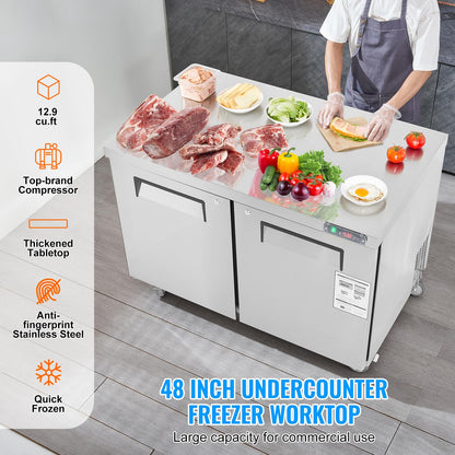 VEVOR 48" W Commercial Freezer Worktop, 12.9 Cu. Ft Undercounter Freezers with/Casters, <0~-8℉>Defrost Frozen Prep Table, 2 Doors Stainless Steel Food Frozen Prep Station for Restaurant, Diner, Bar
