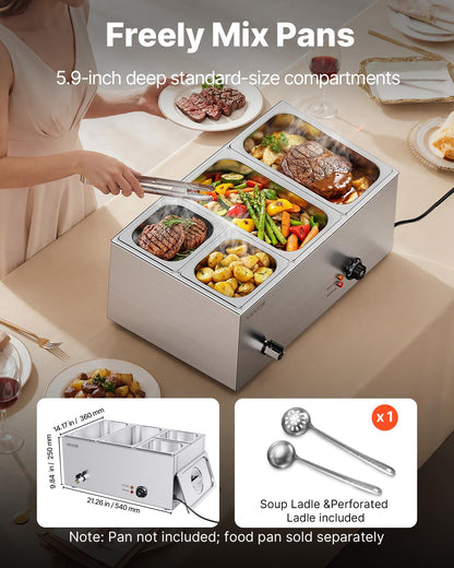 VEVOR 4-Pan Commercial Food Warmer, 24QT Electric Steam Table, 1200W Professional Countertop Stainless Steel Buffet Bain Marie with 86-185°F Temp Control for Catering and Restaurants, Silver