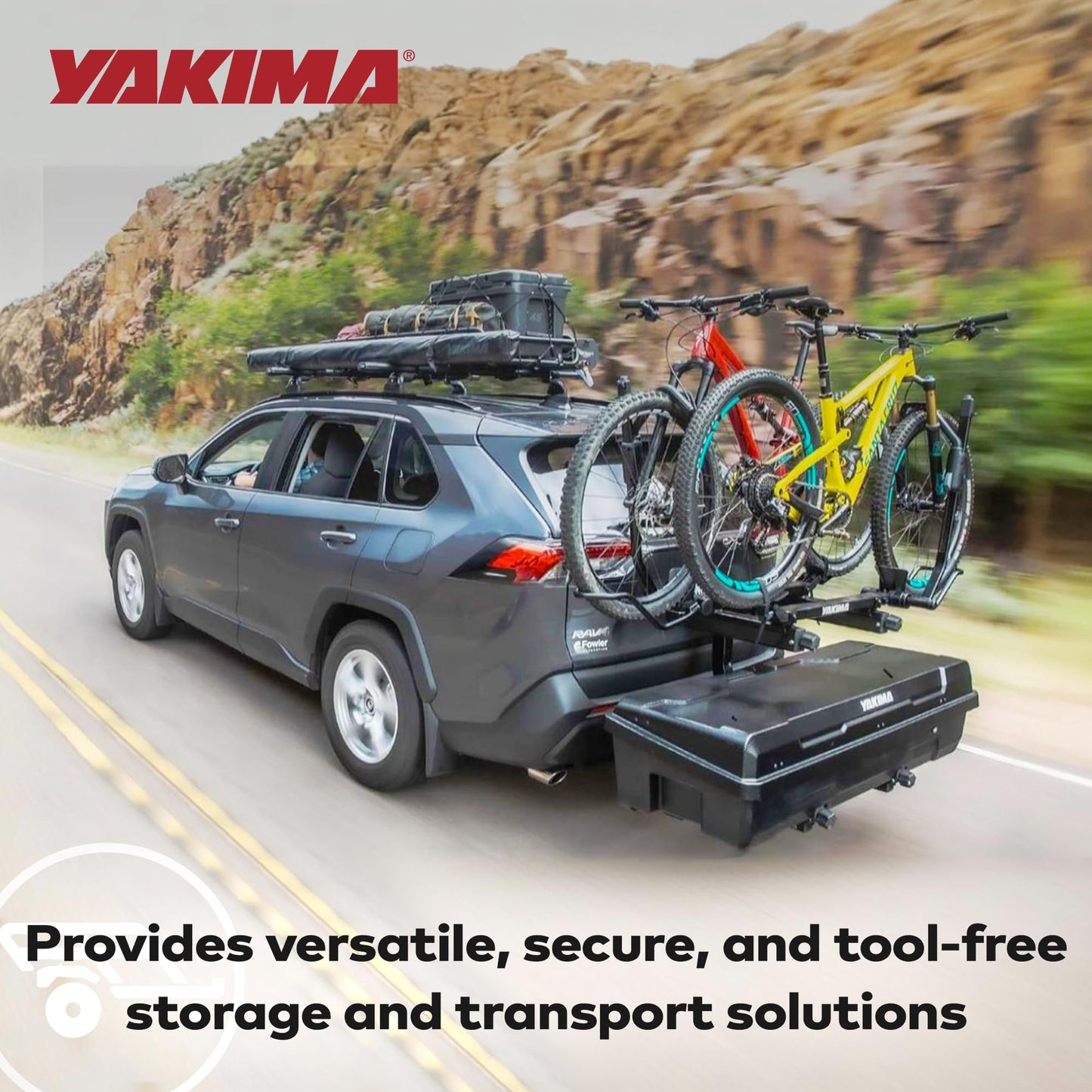 Yakima EXO SwingBase Hitch Rack Bundled with EXO GearLocker Rooftop Box, EXO TopShelf Hitch Base Rack Storage, and EXO GearWarrior Basket Mount, Black