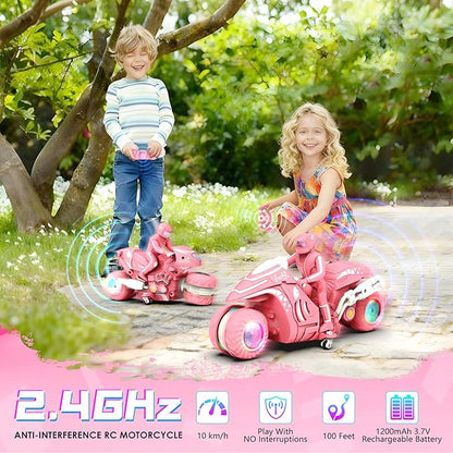 RC Motorcycle Toy with RGB Wheels Light 360° Rotation High Speed Remote Control Dirt Bike with Rider 2.4Ghz Off-Road Kids' Play Motorcycles for Girls Boys Age 5-12