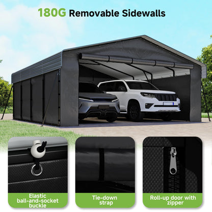 20x20FT Heavy Duty Metal Carport,Outdoor Garage with Removable Sidewalls & Doors, Heavy Duty Steel Frame and Galvanized Roof for Cars and Boats, Gray
