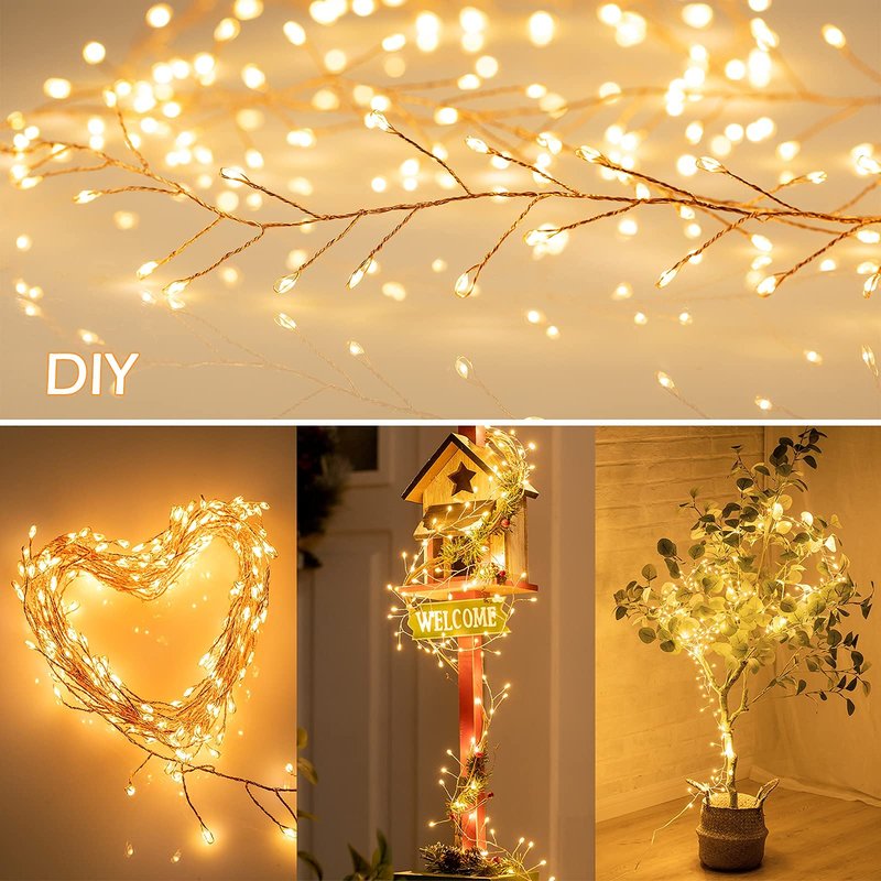 Minetom Fairy Lights Plug in, 10Feet 200LED Cluster String Lights, Copper Wire Waterproof Starry Firecracker Lights for Ceiling Bedroom Wreath Window Wedding Christmas Tree Decorations, Warm White