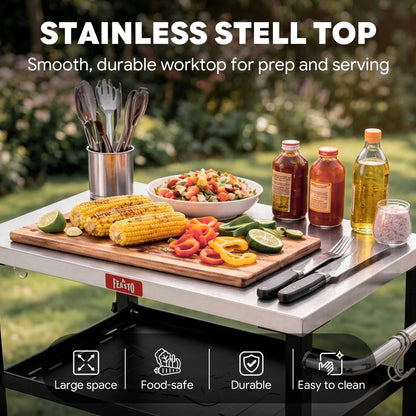 Feasto 3-Tier Outdoor Grill Cart, Rolling Pizza Oven Table with Compact 26.6" x 16.1" Stainless Top for Pizza Ovens & Griddles, Outdoor Bar Cart with S-Hooks for Patio Parties, Deck Dining & Camping