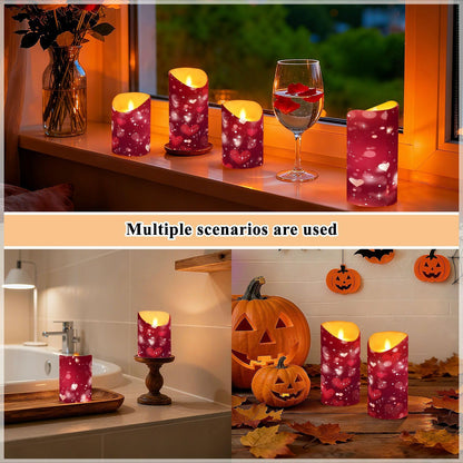 Valentines Flameless Candles Set of 2 Red Hearts Pattern Realistic LED Candles with Remote Battery Operated Holiday Decorations