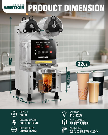 WantJoin Cup Sealer Machine - Full Automatic Cup Sealing Machine Electric Boba Sealing Machine Seals 500-600 Cups/H Digital Control Panel Cup Sealer for Bubble Milk Tea Coffee Shop,20''H 90/95mm