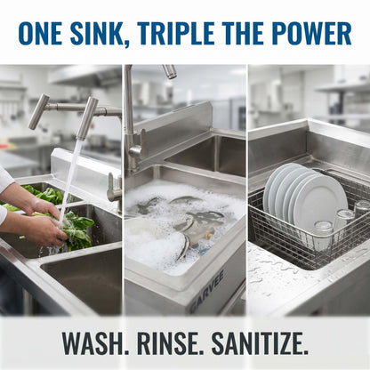 Utility Sink Freestanding Three Bowl Stainless Steel Sink, 39 x 18 x 36 Inch, No Drawer Stand and Two T-Shaped Faucets, Laundry Sink for Kitchen, Bathroom, Garage and Patio