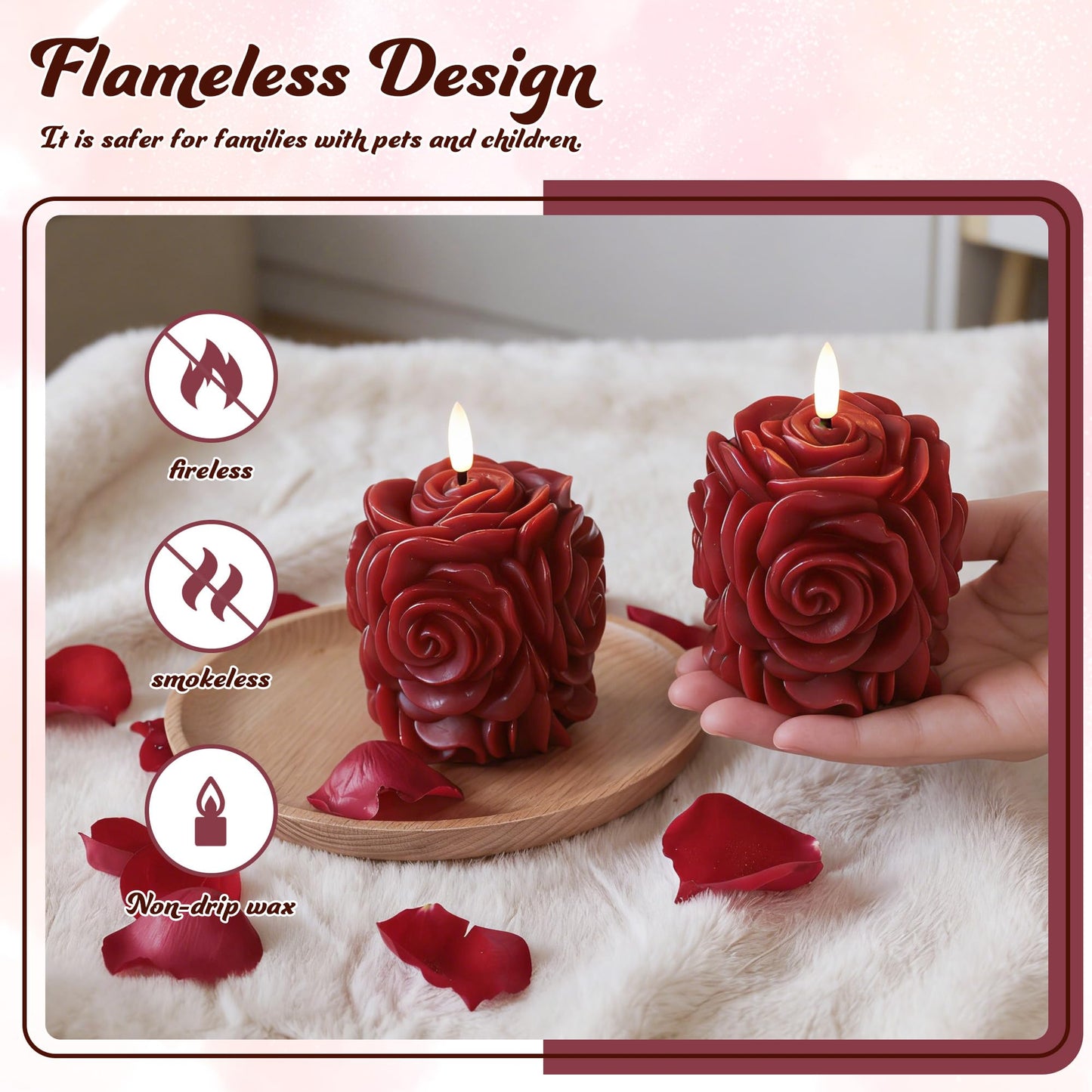 JOIONE Valentines Day Flameless LED Candles, Rose Shaped 3D Flickering Flame Battery Operated Candle with Remote, Romantic Candles for Date Night, Valentine's Day, Wedding and Home Décor, Red