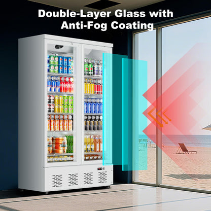 ECEVT 41.4''W White Commercial Refrigerators, 30.5 Cu.Ft 2 Glass Door Commercial Beverage Refrigerators Upright Display Cooler with LED Light and 10 Adjustable Shelves for Restaurant Stores