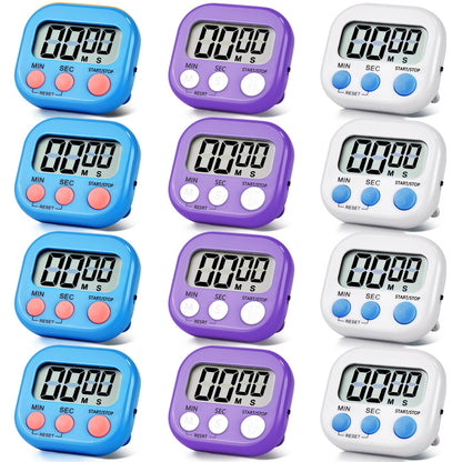 12 Pack Digital Kitchen Timer Magnetic Digital Timer with Big Display Loud Ring Cooking Timers for Kitchen Electronic Timer for Cooking, Bathing, Gym, Break Time, Classroom(12,White,Blue,Purple)
