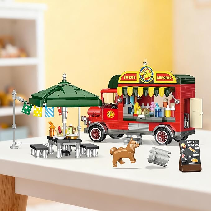 Taco Food Truck Building Set Building Toy Pretend Play Set for Kids Girls and Boys Dining Table &amp Chair Menu Hot Dog Sauces Fun Gift Idea for Birthdays &amp Holidays Friend Building Time