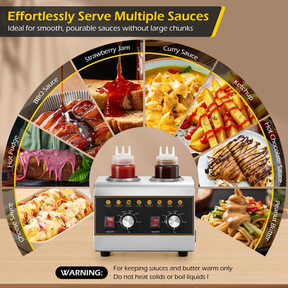 Dyna-Living Electric Sauce Warmer - 500W Nacho Cheese Warmer Dispenser with Removable Storage Rack, Commercial Sauce Bottle Warmers for Hot Fudge Ketchup Chocolate Cheese with 650ml Squeeze Bottle*2