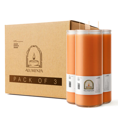 Alumenza 3 Pack Orange 7 Day Candles in Glass Jar – Paraffin Wax, Clean Burning Unscented | Large & Tall Devotional Prayer Pillar Candles for Home, Memorial, Spells, Long Lasting