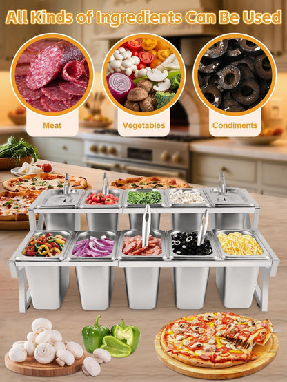 Kalolary 10 Pans Pizza Topping Storage Station, 2 Row Adjustable Stainless Steel Condiment Containers with Lids Spoons Ice Food Serving Display Container Salad Bar Buffet Station for Home Kitchen