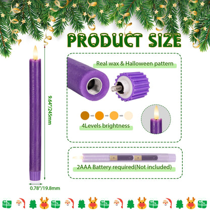 AFINETH Purple Flameless Taper Candles with Remote, 6 Pack Real Wax Battery Operated Candles, 9.6 Inch Flickering Led Christmas Candlesticks Decorations for Winter Home Holiday Xmas Gift
