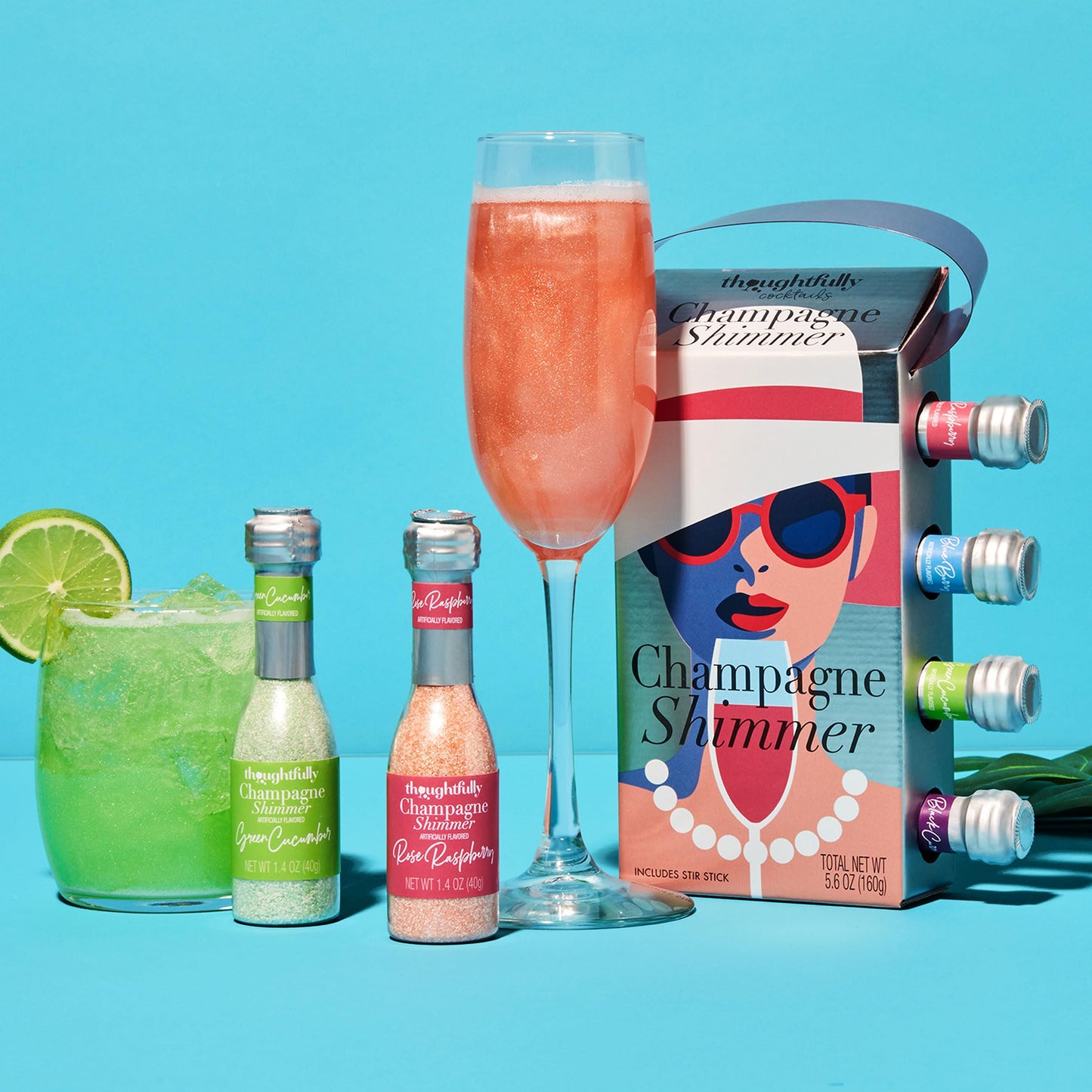 Thoughtfully Cocktails, Champagne Shimmer Gift Set, Add Shimmer to Champagne, Prosecco or Carbonated Beverages with Raspberry, Blueberry, Lime, and Blackcurrant Cocktail Drink Shimmers, Set of 4