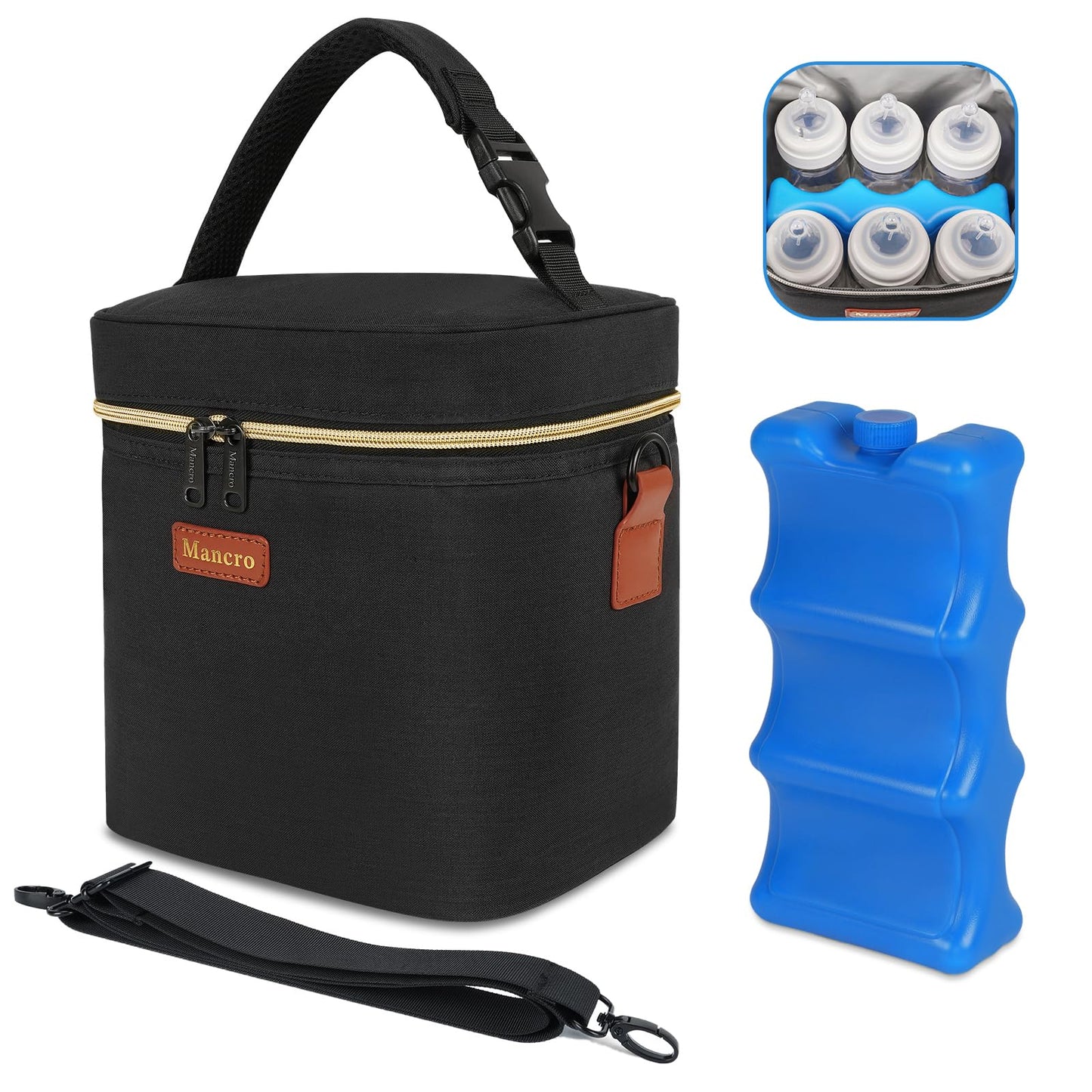 Mancro Breastmilk Cooler Bag with Ice Pack, Fits 6 Baby Bottles Up to 9 Ounce Insulated Baby Bottle Bag, Breast Milk Cooler on The go with Strap, Bottle Storage Bag for Nursing Mom Daycare, Black