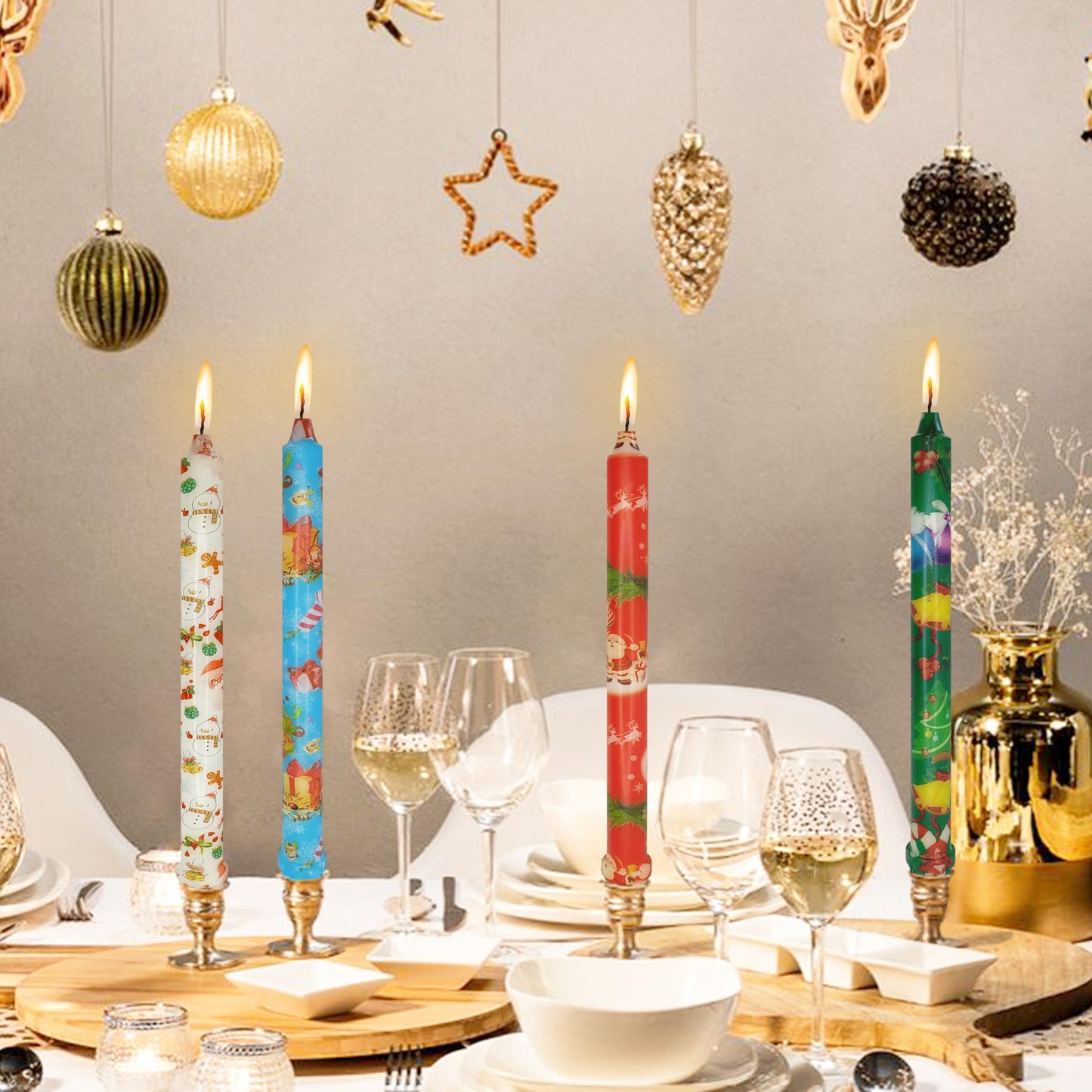 XINAOBAOLUO Taper Candles Christmas Printed 4 PCS 10 Inch Tall Unscented Handmade Tapered Candles for Christmas Dinner Household Wedding Party Housewarming Home Decor
