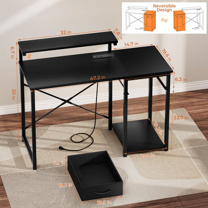 SOROGRA Computer Desk with Adjustable Monitor Stand, 47.2 in Small Desk with Reversible Storage Shelves, Office Desk with Spacious Desktop Spaces for Home Bedroom Workstation, Black