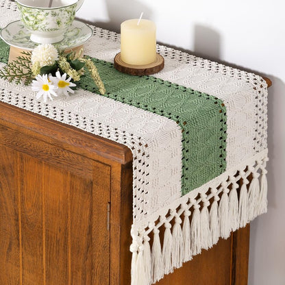 Socomi Boho Table Runner Summer Farmhouse Rustic Dining Kitchen Decor Small Macrame Woven Cotton Linen Coffee Table Runner for Dresser Scarf Home Decor 12x48 inch Sage Green Ivory