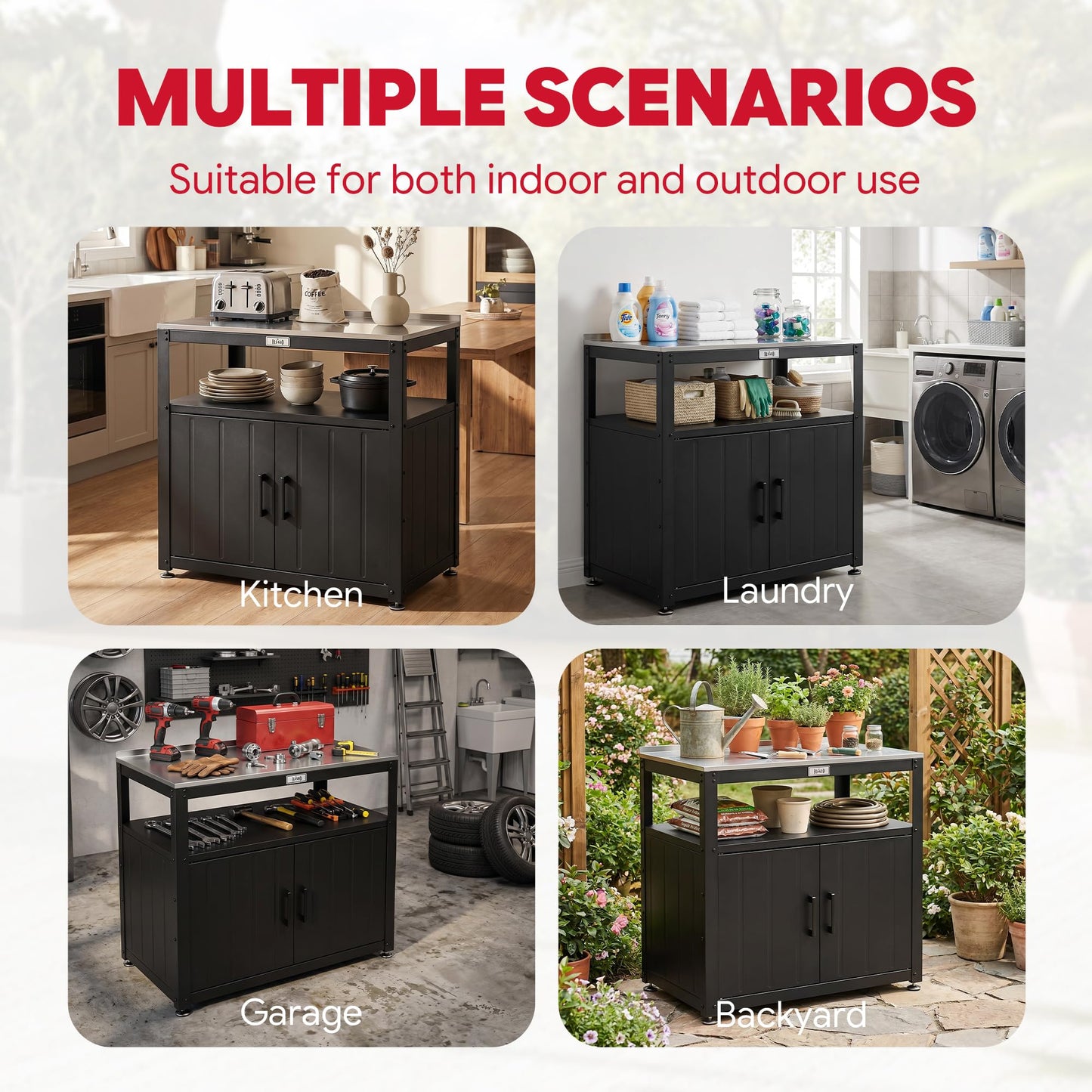 Feasto Outdoor Potting Bench with Storage, Stainless Steel Tabletop Garden Work Bench with Storage Cabinet & Removable Inner Shelf for Patio Lawn Outdoor Gardening