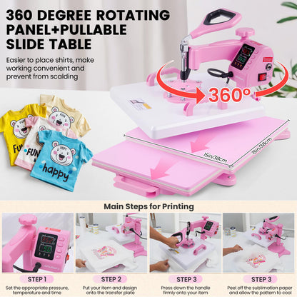 Whubefy Heat Press 15x15 inch 8 in 1 with 30OZ Tumbler Press, Slide Out 360° Swing Away Digital Shirt Press Machine, Industrial-Quality Heat Transfer Sublimation for T-Shirt/Tumbler/Mug/Hat/Cap/Plate