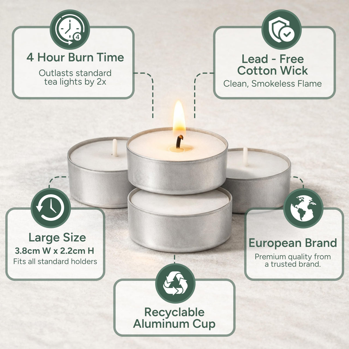 Zuvo Tea Lights Candles 4 Hour Burn (100 Pack) - White Lights - 1.5"W x 1"H Smokeless & Unscented Candles - Party Candles- for Weddings, Home Decor