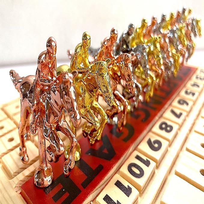 Racing Game for Adults With 11 Luxurious Metal Horses (Silver Black Rose Gold) 16 Pine Wood Race Game Board Dice &amp Card Included (Log Color)