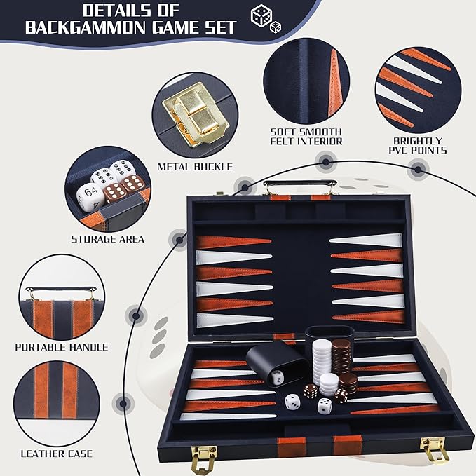Froggod 15 inch Backgammon Sets for Adults - Classic Board Game for Adults - Portable Travel Backgammon Set for 2 Players - Perfect Adult Board Games for Gifts &amp Family Fun(Blue)