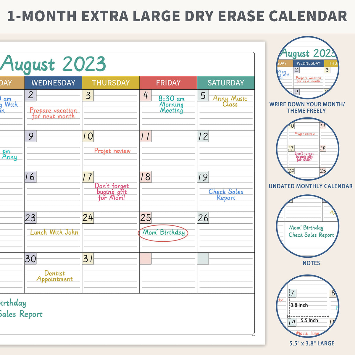 Large Dry Erase Calendar for Wall - Undated Dry Erase Calendar, Erasable Laminated Calendar for Wall with 8 Round Stickers, 40" x 28", Monthly Calendar for Office, Home, Classroom - Colorful