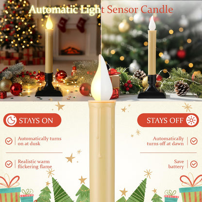 Yungyan 12 Set 8.8 Inch Christmas Window Candles with Sensor Dusk to Dawn Bulk Battery Operated Window Lights with Suction Cups and Holders Flameless LED Taper Candles for Xmas Home Decor(Classic)