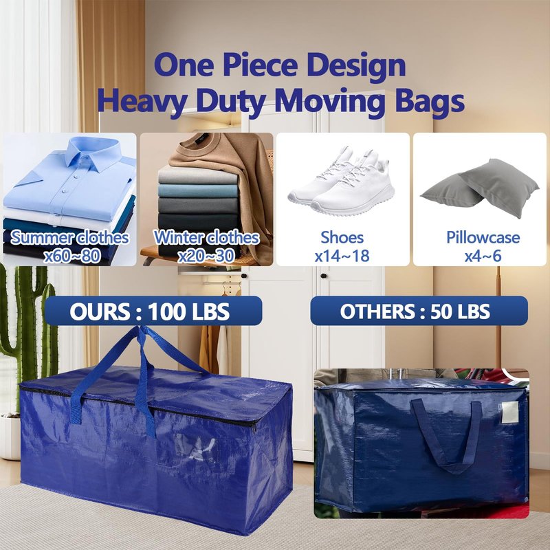 8 Pack Waterproof Moving Bags with Strong Zippers and Reinforced Handles, Real 100lb Capacity Extra Heavy Duty Large Storage Totes for Packing & Moving Storing, Alternative to Moving Boxes -95L,Blue