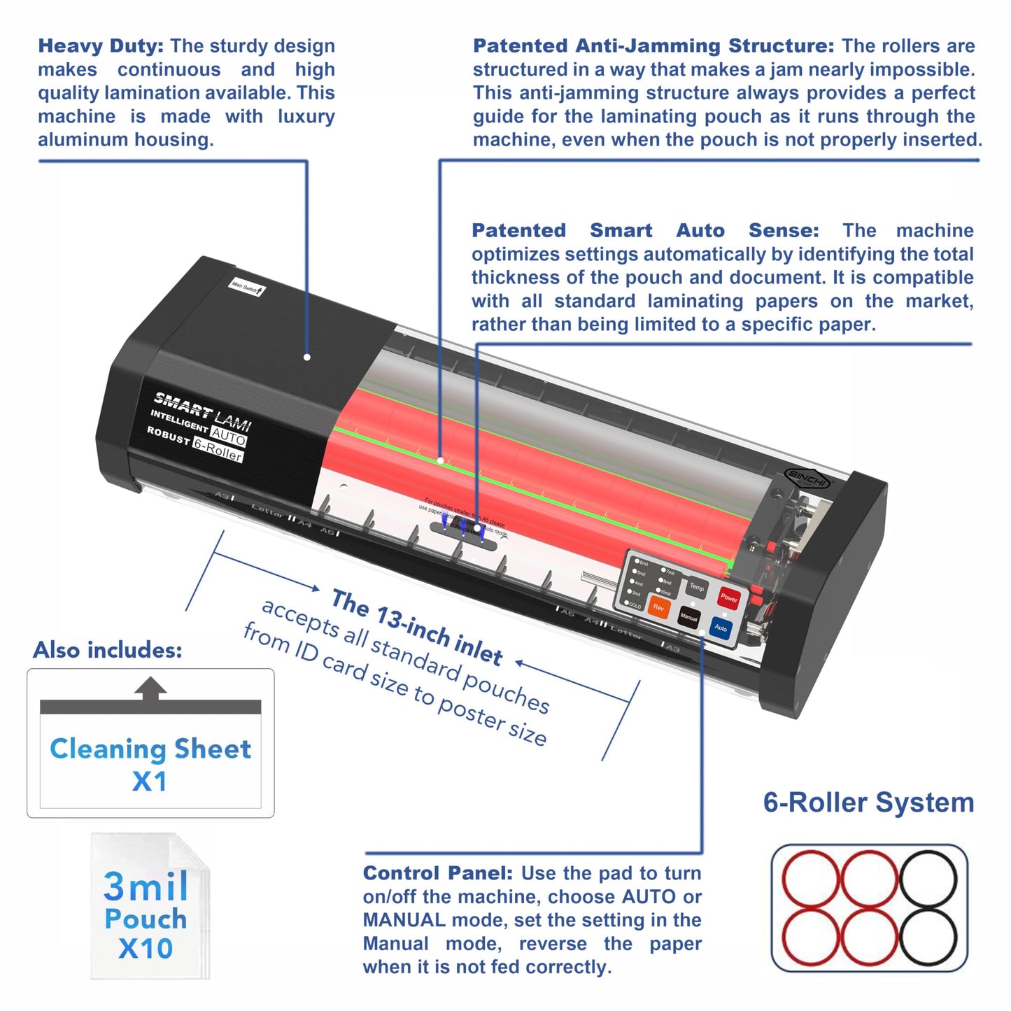SINCHI 6-Roller Auto Sense Laminator, 13-Inch 3–10 Mil Thermal Machine, 50-Second Warm-Up, 47 in/min, Never-Jam Heavy Duty, Office & School, 11×17"