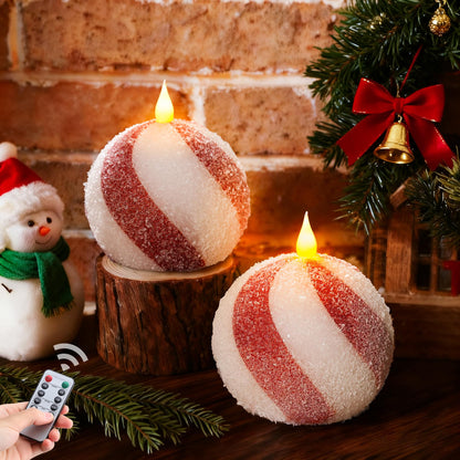Christmas Sphere Candy-Cane Flameless Candles - Glitter Red&White Real Wax Flickering Ball Candles Battery Operated with Remote, Candy Cane Christmas Decorations, Xmas Tables Centerpieces Decor, 2PCS