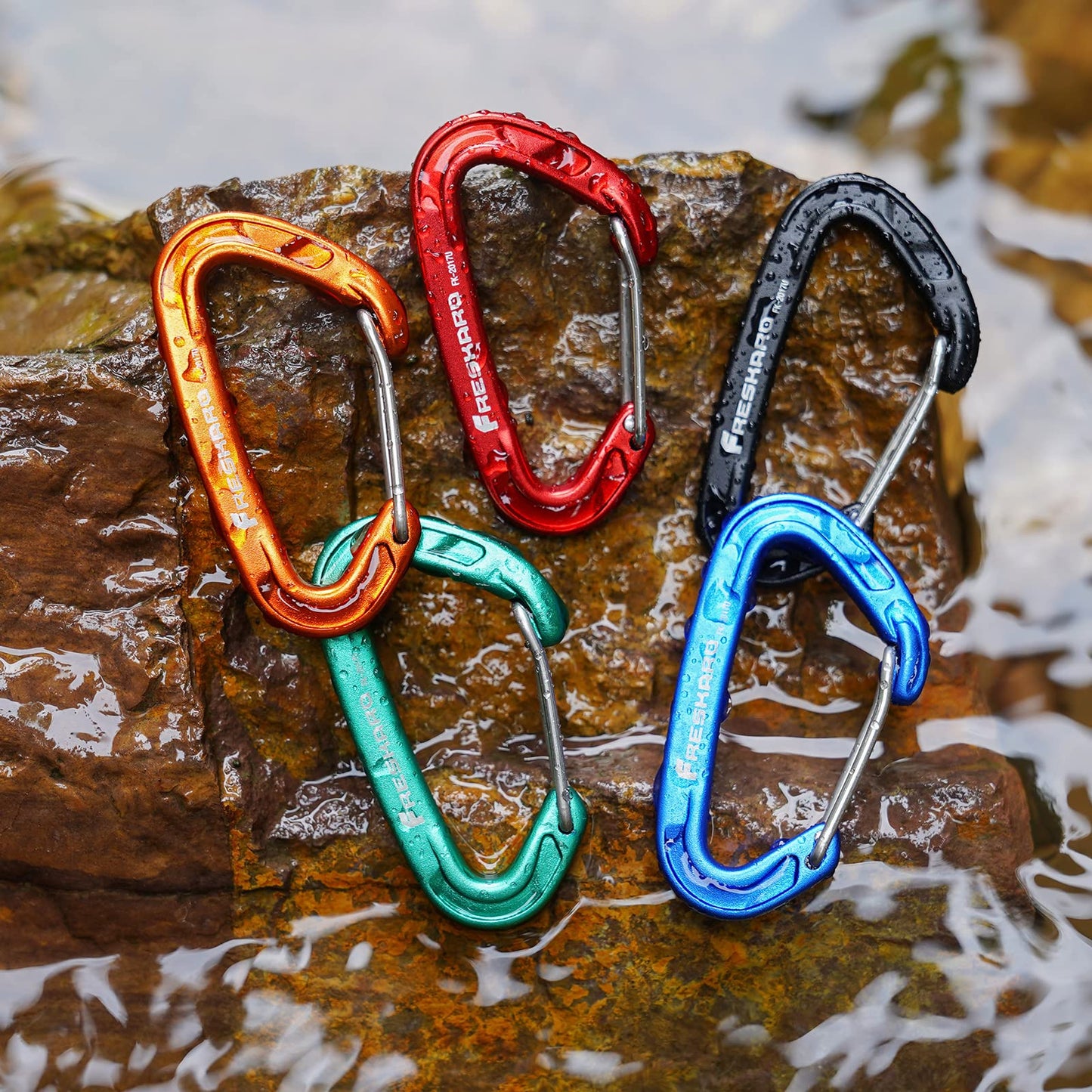 FresKaro 5pack Carabiner Clips Heavy Duty, Small Sturdy Key Keychain Accessory, Strong High Strength 8kN/1798lbs, Wire Gate, Ultra Lightweight, 7075 Aluminum, Rust Free, D-Shape, Orange