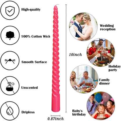 8 Pack 10 Inch Hot-Pink Spiral Taper Candle Set, 7/8 Inch Unscented Driples Candlesticks for Home Decoration Dinner Party, 6-7 Hours Burn