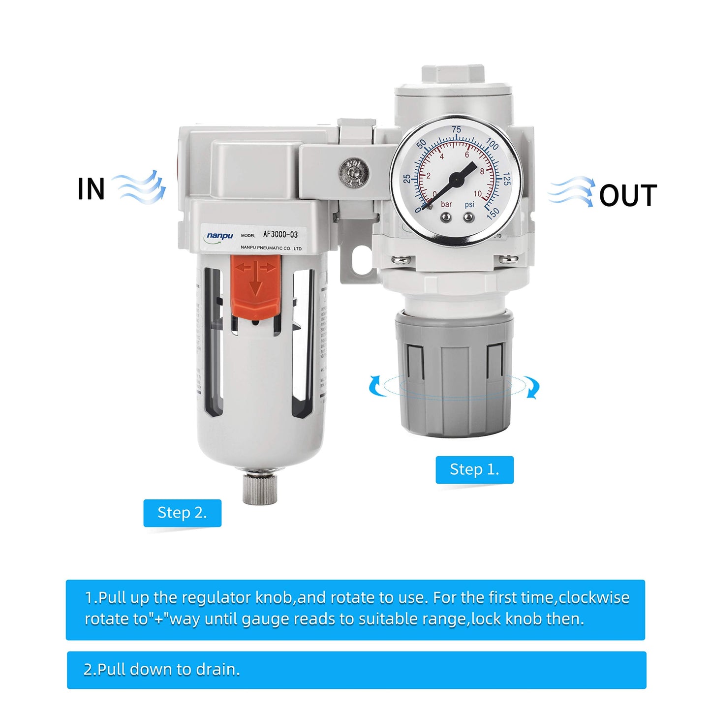 NANPU 3/8" NPT Compressed Air Filter Regulator Combo Piggyback, 5 Micron Element, Poly Bowl, Semi-Auto Drain, Bracket, Gauge (ARF3000)