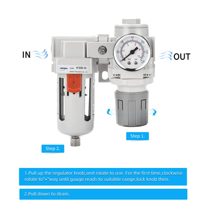 NANPU 3/8" NPT Compressed Air Filter Regulator Combo Piggyback, 5 Micron Element, Poly Bowl, Semi-Auto Drain, Bracket, Gauge (ARF3000)