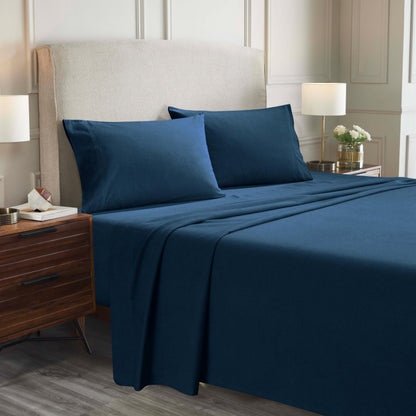 Superior Paisley or Solid Flannel Cotton Sheet Set, Fuzzy Warm Sheets, Traditional Bohemian Bedding, Includes 1 Flat Sheet, 1 Elastic Deep Pocket Fitted Sheet, 1 Pillowcase, Twin XL, Navy Blue