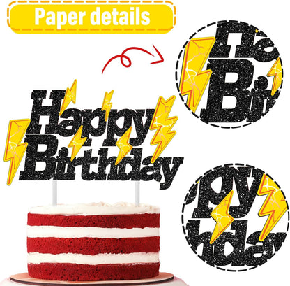 Skiennix Glitter Black Lightning Bolt Cake Toppers - Fun Birthday Party Decorations for Kids