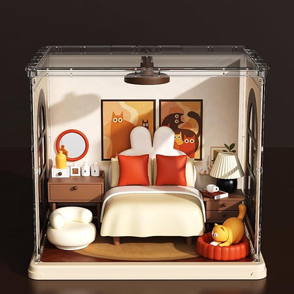 Cute Bedroom DIY Miniature House Building Toy Dollhouse Set with LED Creator Playset Suitable for Mini Figures Construction Toys Diorama Kit Gifts for Adults