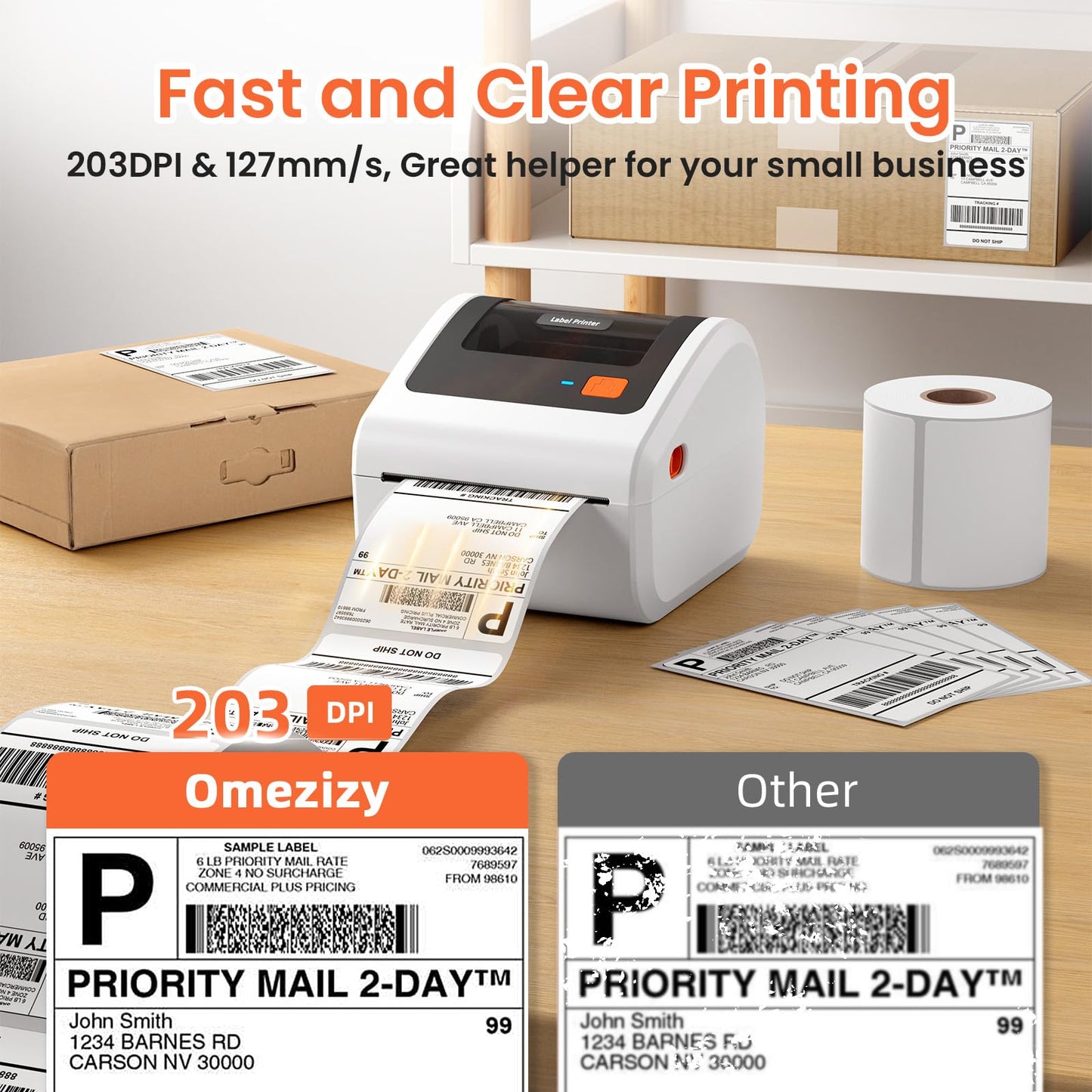 Omezizy Bluetooth Shipping Label Printer with 3 Roll Labels, D450BT White Thermal Label Printer 4x6 for Small Business, Thermal Printers Come with 750PCS 4x6‬ White Labels (250 Labels/Roll)