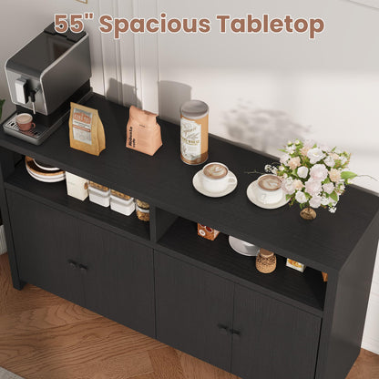 Garvee Buffet Sideboard with Storage, 4 Doors & Adjustable Shelves, 55'' Large Farmhouse Kitchen Storage Cabinet Wood Coffee Bar Cabinet for Kitchen, Dining Room, Entryway, Living Room, Black