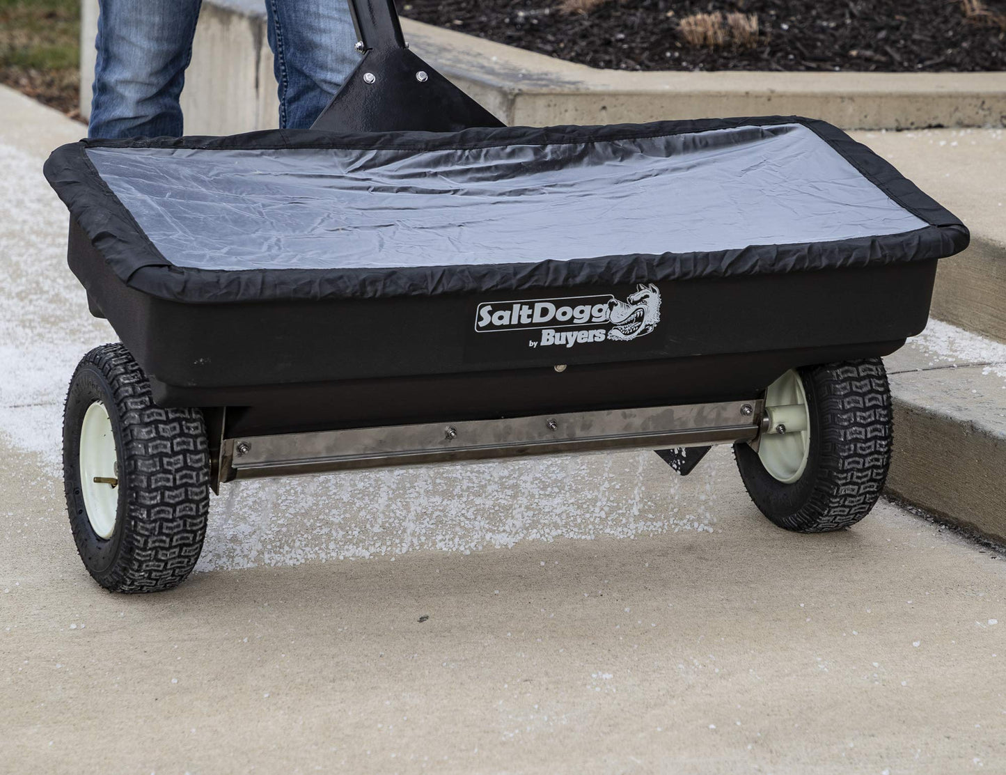 Buyers Products SaltDogg WB400 Walk Behind Drop Spreader, 2.5 cu ft Poly Hopper (200 lb), Stainless Frame/Agitator, 44 in Path, 13 in Pneumatic Tires, Rain Cover & Screen, Made in USA