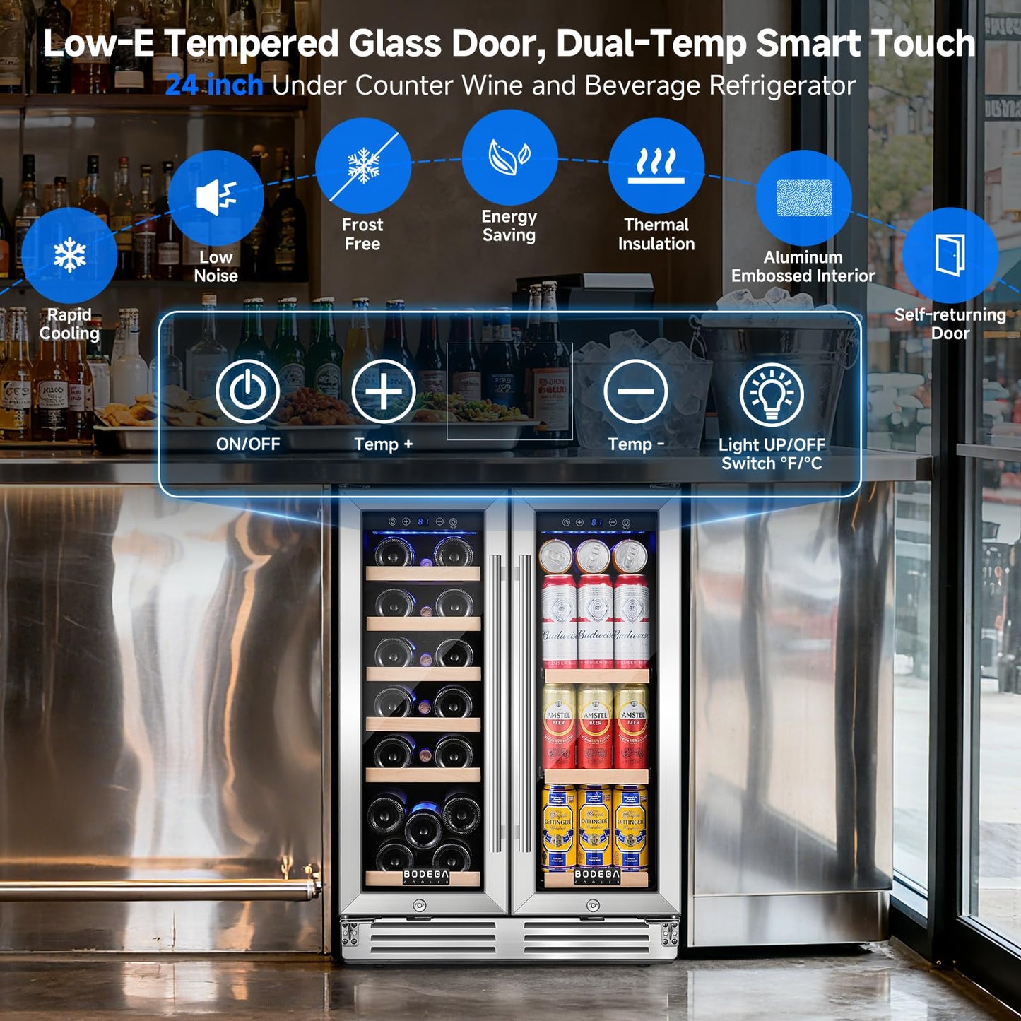 BODEGA COOLER Wine and Beverage Refrigerator, 24 Inch Dual Zone Wine Fridge, Holds 20 Bottles and 74 Count, French Doors, Under-counter or Freestanding Wine Cooler, Beverage Fridge with Tempered Glass