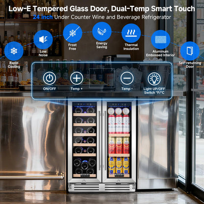 BODEGA COOLER Wine and Beverage Refrigerator, 24 Inch Dual Zone Wine Fridge, Holds 20 Bottles and 74 Count, French Doors, Under-counter or Freestanding Wine Cooler, Beverage Fridge with Tempered Glass